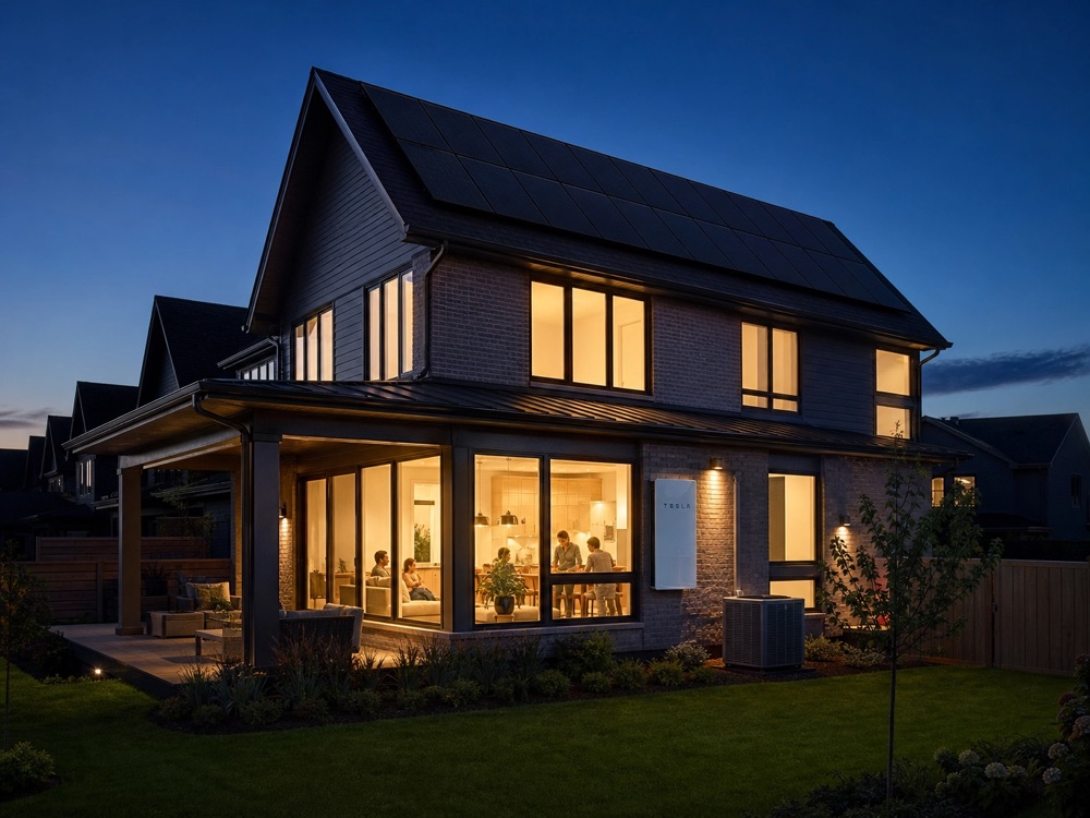 Two-storey Ontario home at twilight with rooftop solar panels and a Tesla Powerwall mounted on the exterior wall