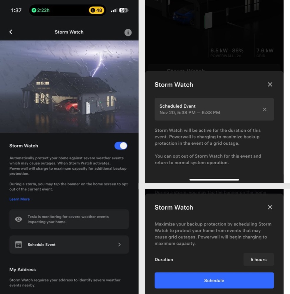 Tesla app Storm Watch screens — enabled toggle, scheduled event, and active grid-outage backup mode
