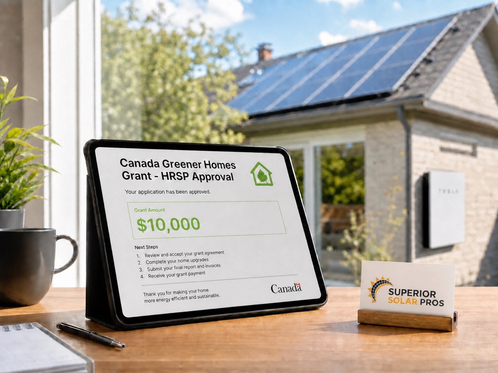 Tablet displaying Canada Greener Homes HRSP approval letter for a $10,000 grant, with a Tesla Powerwall installed on an Ontario home in the background
