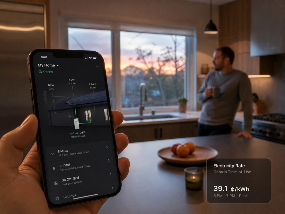 Tesla app on iPhone showing live Powerwall charging at 4.0 kW with Ontario peak rate 39.1 cents per kWh overlay